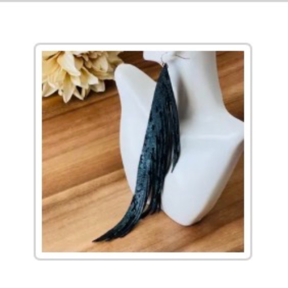 NWOT Long Leather Black & Teal Fringe Earrings | Boho Tassels